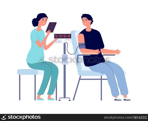 Man medical check up. Heart health, nurse and patient. People in hospital or doctor office vector illustration. Measuring heartbeat, check up and consultation. Man medical check up. Heart health, nurse and patient. People in hospital or doctor office vector illustration