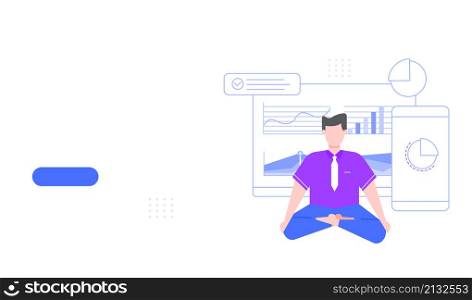 Man meditation yoga for work productive and effective. Vector work meditation yoga, man business character illustration. Man meditation yoga for work productive and effective