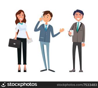 Man meeting with businesswoman and businessman vector. Boss director talking on phone, business call consultation. Workers company partners associates. Man Meeting with Businesswoman and Businessman