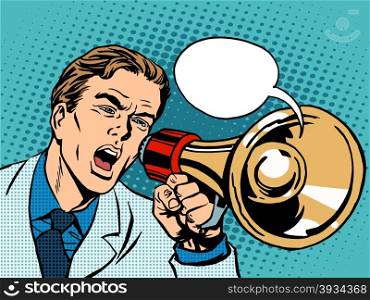 man megaphone policy promotion pop art retro style. Political protest demonstration rally. Advertising campaign poster appeal. man megaphone policy promotion