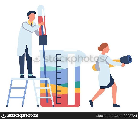Man mixing chemicals in laboratory glass. Scientific test concept isolated on white background. Man mixing chemicals in laboratory glass. Scientific test concept