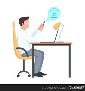Man monitoring home remotely semi flat color vector character. Posing figure. Full body person on white. Smart home system. Simple cartoon style illustration for web graphic design and animation. Man monitoring home remotely semi flat color vector character