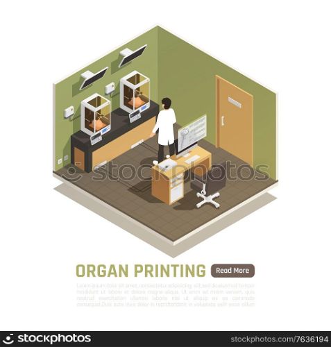 Man monitoring two 3d printers printing human brain models isometric composition vector illustration