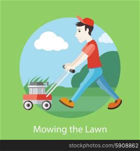 Man moves with lawnmower, mows green grass near house. Man in a red cap and T-shirt cutting grass in his garden yard with lawn mower in flat design