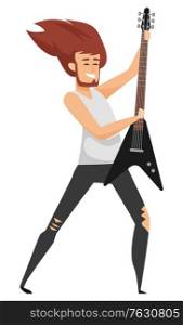Man musician holding guitar, smiling male with beard holding instrument, rock guitarist with musical equipment, hard music performance, hobby. Vector illustration in flat cartoon style. Guitarist Playing, Guitar Instrument, Hobby Vector