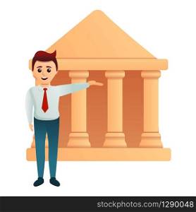 Man near bank building icon. Cartoon of man near bank building vector icon for web design isolated on white background. Man near bank building icon, cartoon style