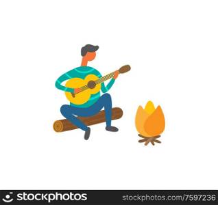 Man near bonfire singing songs and playing on guitar vector isolated. Cartoon player with musical instrument resting outdoors near burning fire, summer picnic. Man Near Bonfire Singing Songs and Plays on Guitar