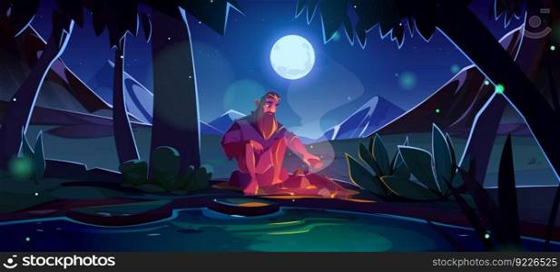 Man near campfire in forest with mountain landscape. Full moon and starry sky above summer pond cartoon illustration. Lost tourist near river and fire sitting to get warm. Outdoor survival in journey. Man near campfire, forest with mountain landscape