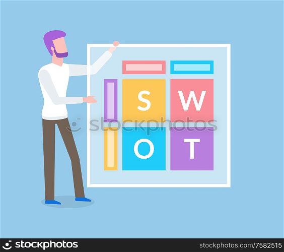 Man near computer window with file folders sorted by letters isolated vector. Bearded business worker and mobile storage system, order on desktop, organization. Man Near Computer Window with File Folders Vector