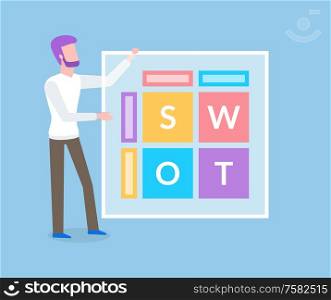 Man near computer window with file folders sorted by letters isolated vector. Bearded business worker and mobile storage system, order on desktop, organization. Man Near Computer Window with File Folders Vector