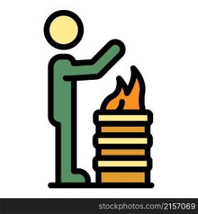 Man near fire barrel icon. Outline man near fire barrel vector icon color flat isolated. Man near fire barrel icon color outline vector