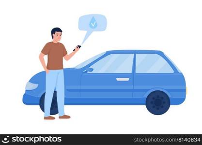 Man near refueled car semi flat color vector character. Gas station. Editable figure. Full body person on white. Color simple cartoon style illustration for web graphic design and animation. Man near refueled car semi flat color vector character