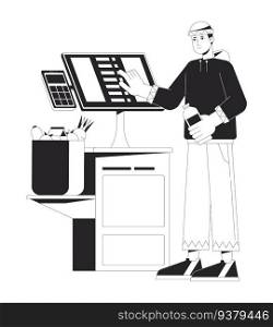 Man near self service terminal bw concept vector spot illustration. Payment for purchases 2D cartoon flat line monochromatic character for web UI design. Shopping editable isolated outline hero image. Man near self service checkout bw concept vector spot illustration