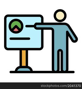 Man near the flipchart icon. Outline man near the flipchart vector icon color flat isolated. Man near the flipchart icon color outline vector