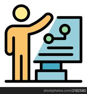 Man near the flipchart icon. Outline man near the flipchart vector icon color flat isolated. Man near the flipchart icon color outline vector