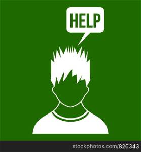Man needs help icon white isolated on green background. Vector illustration. Man needs help icon green