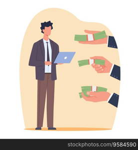 Man of great skill is offered money for his services or professional skills. Company hiring, male candidate, labor market. Job seeker. Cartoon flat style isolated illustration. Vector employee concept. Man of great skill is offered money for his services or professional skills. Company hiring, male candidate, labor market. Job seeker. Cartoon flat style isolated vector employee concept