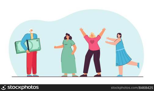 Man of old age holding money, happy women standing nearby. Girls wanting to be with rich partner flat vector illustration. Money and relationship concept for banner, website design, landing web page