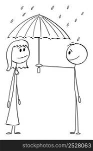 Man offering love and protection to woman, holding umbrella in rain, vector cartoon stick figure or character illustration.. Man Offering Umbrella in Rain to Woman, Love and Protection, Vector Cartoon Stick Figure Illustration