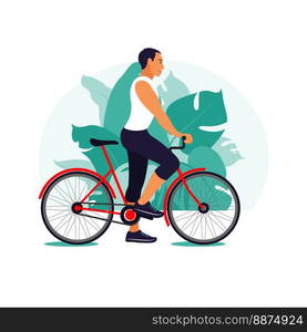 Man on a bike in the park. Healthy lifestyle concept. Sport training. Fitness. Vector illustration. Flat.