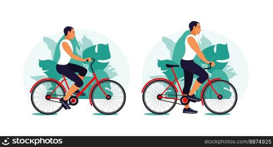 Man on a bike in the park. Healthy lifestyle concept. Sport training. Fitness. Vector illustration. Flat.