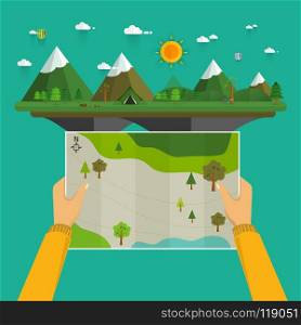 Man on a hiking trip holding a map in his hands. Nature landscape of mountains, hills, meadows,bonfire,bicycle and tent