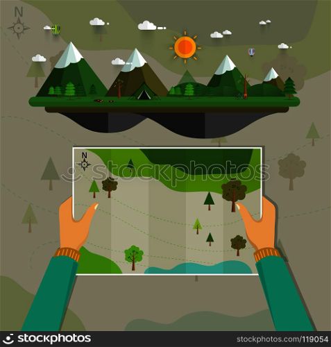 Man on a hiking trip holding a map in his hands. Nature landscape of mountains, hills, meadows,bonfire,bicycle and tent