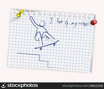 man on a skateboard performs a trick. Drawing in blue ink on a checkered sheet. Extreme sport, riding a board. Isolated vector on white background