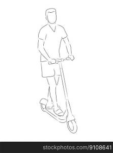 Man on an electric scooter, vector. Hand drawn sketch. A man in flip flops, shorts and a T-shirt rides an electric scooter.