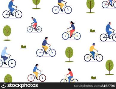 Man on bicycle pattern. Seamless print with cartoon bike rider, active recreation and cycling concept with cyclist. Vector texture. Illustration of seamless pattern bicycle wallpaper. Man on bicycle pattern. Seamless print with cartoon bike rider, active recreation and cycling concept with cyclist. Vector texture