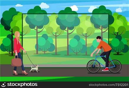 Man on bike and woman with small dog in green park, vector illustration with lot of varied trees and bushes, blue sky with clouds, framed rectangle. Man on Bike and Woman with Small Dog In Green Park