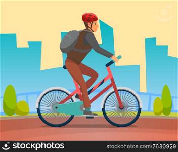 Man on bike, bicyclist in city. Healthy lifestyle of character wearing helmet, male on bicycle, cycling person in autumn park in morning bicycling. Vector illustration in flat cartoon style. Biker Wearing Protective Helmet, Rider on Road