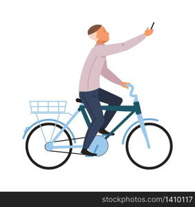 Man on bike with smartphone. Transport courier using mobile phone. Vector images traveler male riding on bicycle. Man on bike with smartphone. Transport courier using phone. Vector images traveler male riding on bicycle