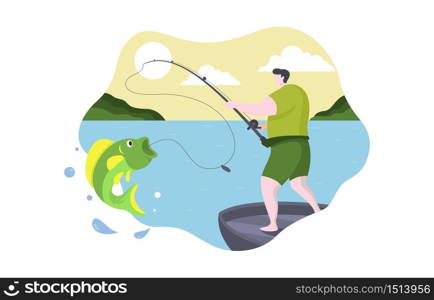 Man on Boat Fishing Strike in Sea Lake Flat Design Illustration