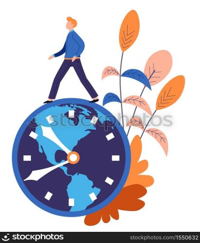 Man on clock dial time management and deadline abstract concept vector business and work successful strategy advance or effective planning and schedule entrepreneur or businessman countdown and timer. Time management and deadline man on clock dial abstract concept