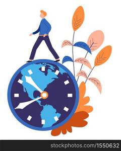 Man on clock dial time management and deadline abstract concept vector business and work successful strategy advance or effective planning and schedule entrepreneur or businessman countdown and timer. Time management and deadline man on clock dial abstract concept