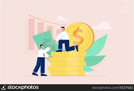 Man on coin stack taking hand to business male vector flat illustration. Businessman help colleague at finance crisis isolated on cash money and graphs background. Collaboration and partnership. Man on coin stack taking hand to business male vector flat illustration