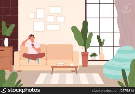 Man on couch relax. Person seating in comfortable living room leisure in different poses on sofa dreaming and resting nowaday vector cartoon background. Couch comfort, sofa relax, home interior. Man on couch relax. Person seating in comfortable living room leisure in different poses on sofa dreaming and resting nowaday vector cartoon background