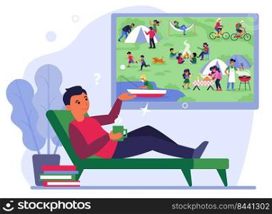 Man on couch watching c&ing on TV. Home isolation, planning vacation, TV show flat vector illustration. Leisure, staying at home, summer concept for banner, website design or landing web page