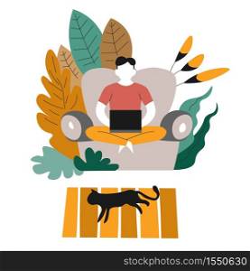 Man on couch with laptop homework freelance or distant work vector male character on sofa with mobile computer and cat on carpet abstract plant freelancer programmer or web designer occupation. Homework freelance or distant work man on couch with laptop