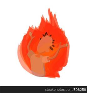 Man on fire icon in cartoon style on a white background. Man on fire icon, cartoon style