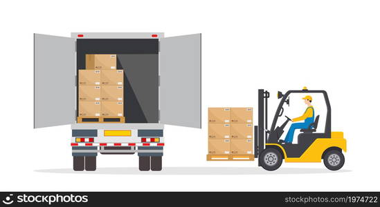 Man on forklift make loading to truck. Lorry on warehouse gets goods on pallet. Logistic illustration. Icon of lorry, fork lift, driver and cargo for delivery service. Flat icon. Vector.. Man on forklift make loading to truck. Lorry on warehouse gets goods on pallet. Logistic illustration. Icon of lorry, fork lift, driver and cargo for delivery service. Flat icon. Vector