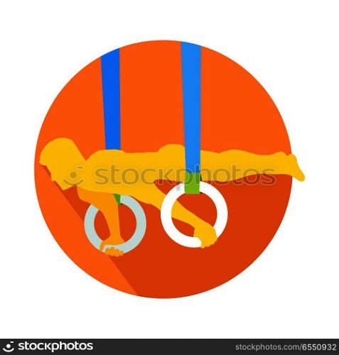 Man on gymnastic rings web button. Sportsman guy, carries out difficult exercise. Sport illustration on white background. Gymnast on rings flat style. Gymnastic rings exercise training sport. Vector. Man on Gymnastic Rings Web Button Sportsman Vector