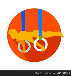 Man on gymnastic rings web button. Sportsman guy, carries out difficult exercise. Sport illustration on white background. Gymnast on rings flat style. Gymnastic rings exercise training sport. Vector. Man on Gymnastic Rings Web Button Sportsman Vector