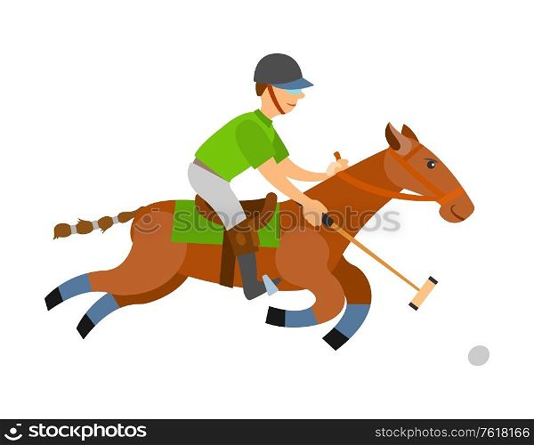 Man on horse holding stick, hitting ball on speed isolated. Vector polo player, equine sports on stallion. English horseback mounted team sport cartoon style. Man on Horse Holding Stick, Hitting Ball on Speed