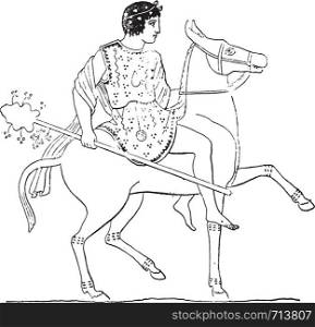 Man on horseback (for after a painted vase), vintage engraved illustration.