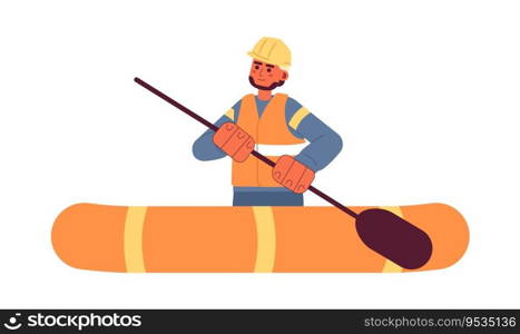 Man on inflatable boat rowing flat concept vector spot illustration. Rescue operation. Lifeguard 2D cartoon character on white for web UI design. Isolated editable creative hero image. Man on inflatable boat rowing flat concept vector spot illustration