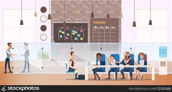 Man on Job Interview Process in Modern Office. Manager or Boss in Formal Suit Talk to Male Candidate Character in Coworking Space. Worker Sit at Desk. Cartoon Flat Vector Illustration. Man on Job Interview Process in Modern Office