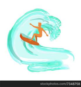 Man on light brown surfboard surfing big blue ocean wave cartoon style logo isolated vector illustration on white. Extreme surface water sport. Surfer on Wave Cartoon style Logo Isolate on White