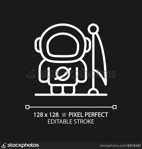 Man on moon pixel perfect white linear icon for dark theme. Lunar landing. Astronaut suit. Space achievement. First step. Thin line illustration. Isolated symbol for night mode. Editable stroke. Man on moon pixel perfect white linear icon for dark theme